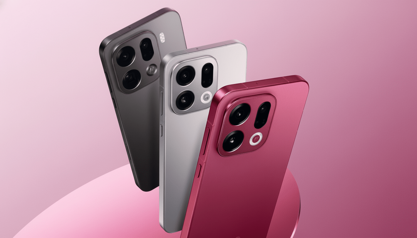 Three smartphones in dark grey, silver, and red, arranged diagonally on a pink gradient background, showcasing their camera systems.