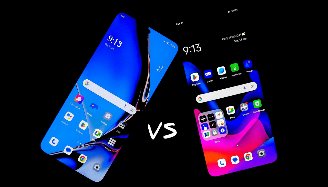 Two smartphones , one with a blue- themed interface and the other with a pink - themed interface, are angled against a black background with a white VS  in the middle .