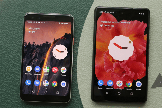 Two Google Pixel phones are displayed side-by- side, showcasing their screens with different backgrounds and apps. The phone on the left shows a scenic wallpaper with a time widget and several app icons at the bottom. The phone on the right displays a vibrant floral wallpaper with a welcome message and app icons. Filename : two google pixelphones 1 69. png