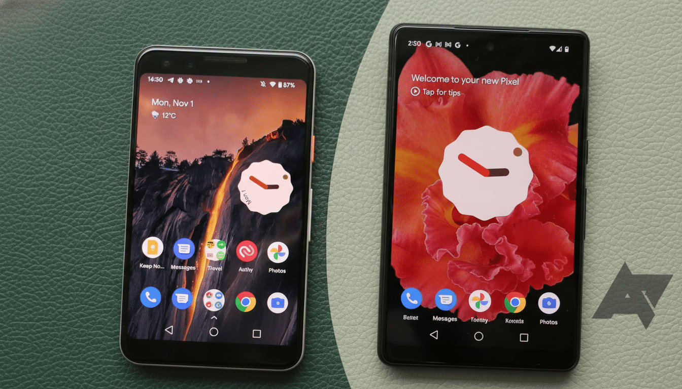 Two Google Pixel phones are displayed side-by- side, showcasing their screens with different backgrounds and apps. The phone on the left shows a scenic wallpaper with a time widget and several app icons at the bottom. The phone on the right displays a vibrant floral wallpaper with a welcome message and app icons. Filename : two google pixelphones 1 69. png