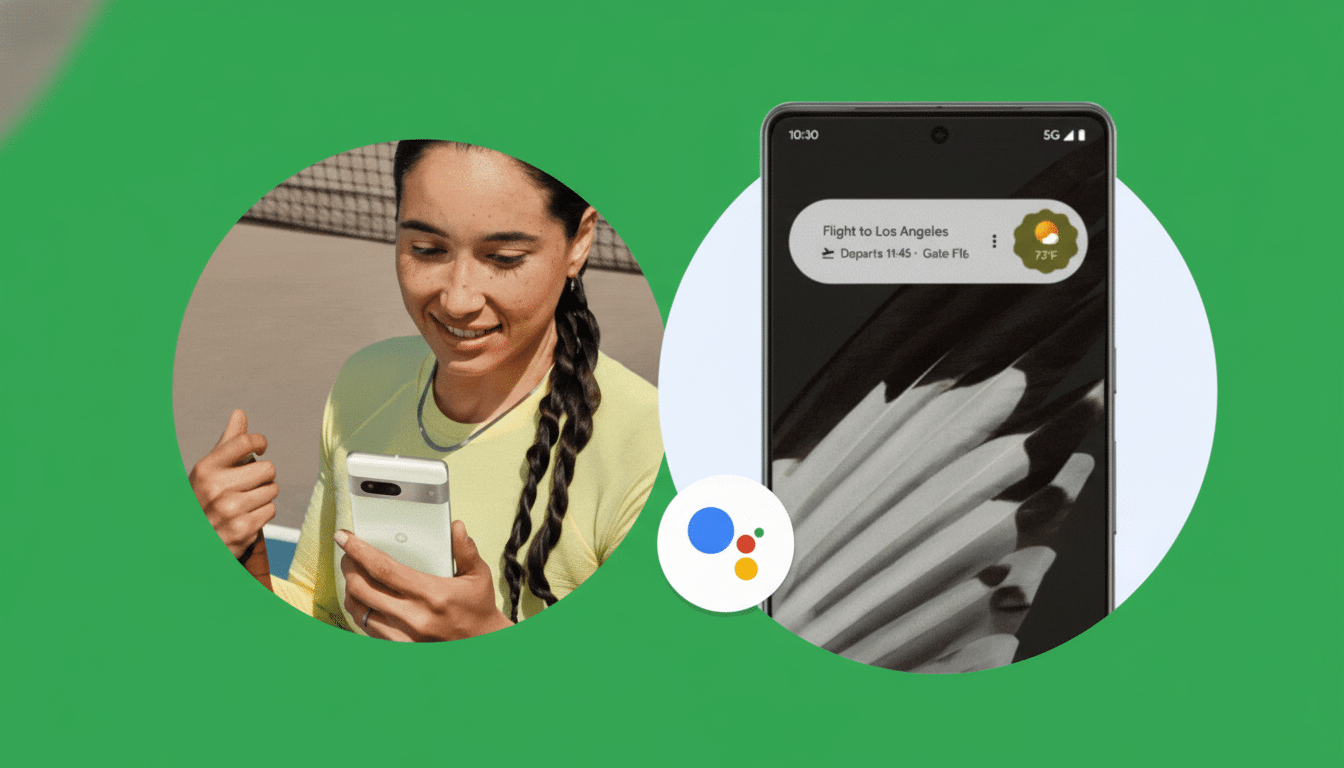 A split image showing a woman holding a white smartphone in one circle and a close -up of a smartphone screen displaying flight information in another circle , both against a green background with the Google Assistant logo in the middle.