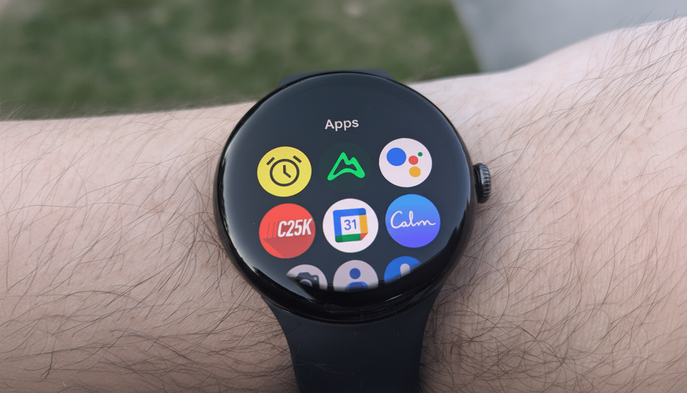 A close -up shot of a smartwatch displaying various app icons on its screen, worn on a person s wrist.