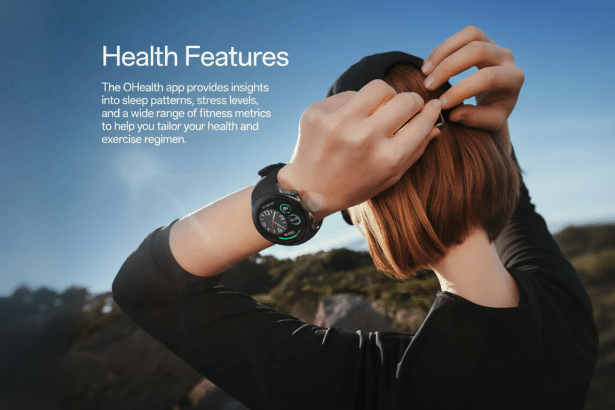 A person wearing a smartwatch on their left wrist, adjusting their hair with both hands, with a clear blue sky and distant hills in the background . Text on the image describes Health Features and the OHealth app .