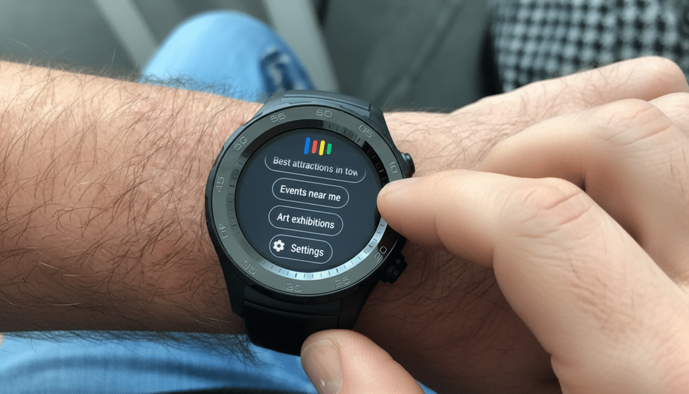 A person s hand interacting with a smartwatch displaying a menu with options like Best attractions in town, Events near me, Art exhibitions, and Setti