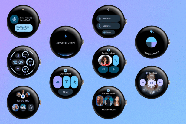 Multiple circular smartwatch screens displaying various apps and interfaces , including messages , Google Gemini, fitness tracking, quick start options , contact information, YouTube Music , and theme application , all arranged on a soft blue and purple gradient background.