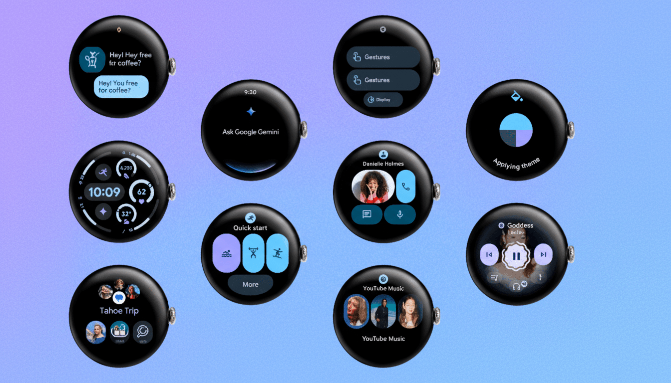 Multiple circular smartwatch screens displaying various apps and interfaces , including messages , Google Gemini, fitness tracking, quick start options , contact information, YouTube Music , and theme application , all arranged on a soft blue and purple gradient background.