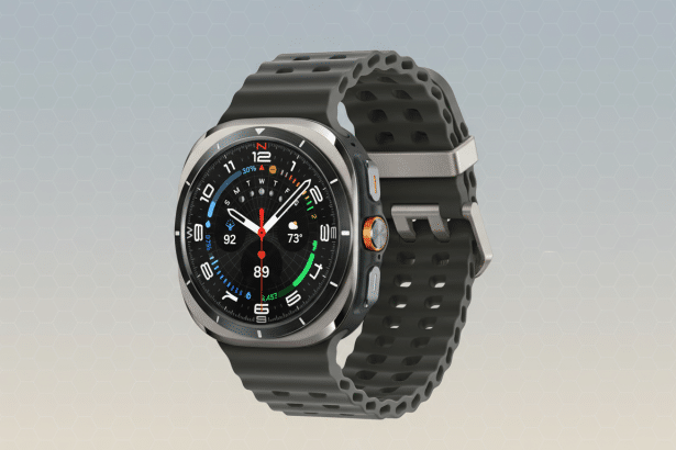 A professional 16:9 image of a smartwatch with a dark grey corrugated band and a circular digital display showing time , weather , and health metrics, against a soft gradient background with a subtle honeycomb pattern. Filename : smartwatchprofessional display .png