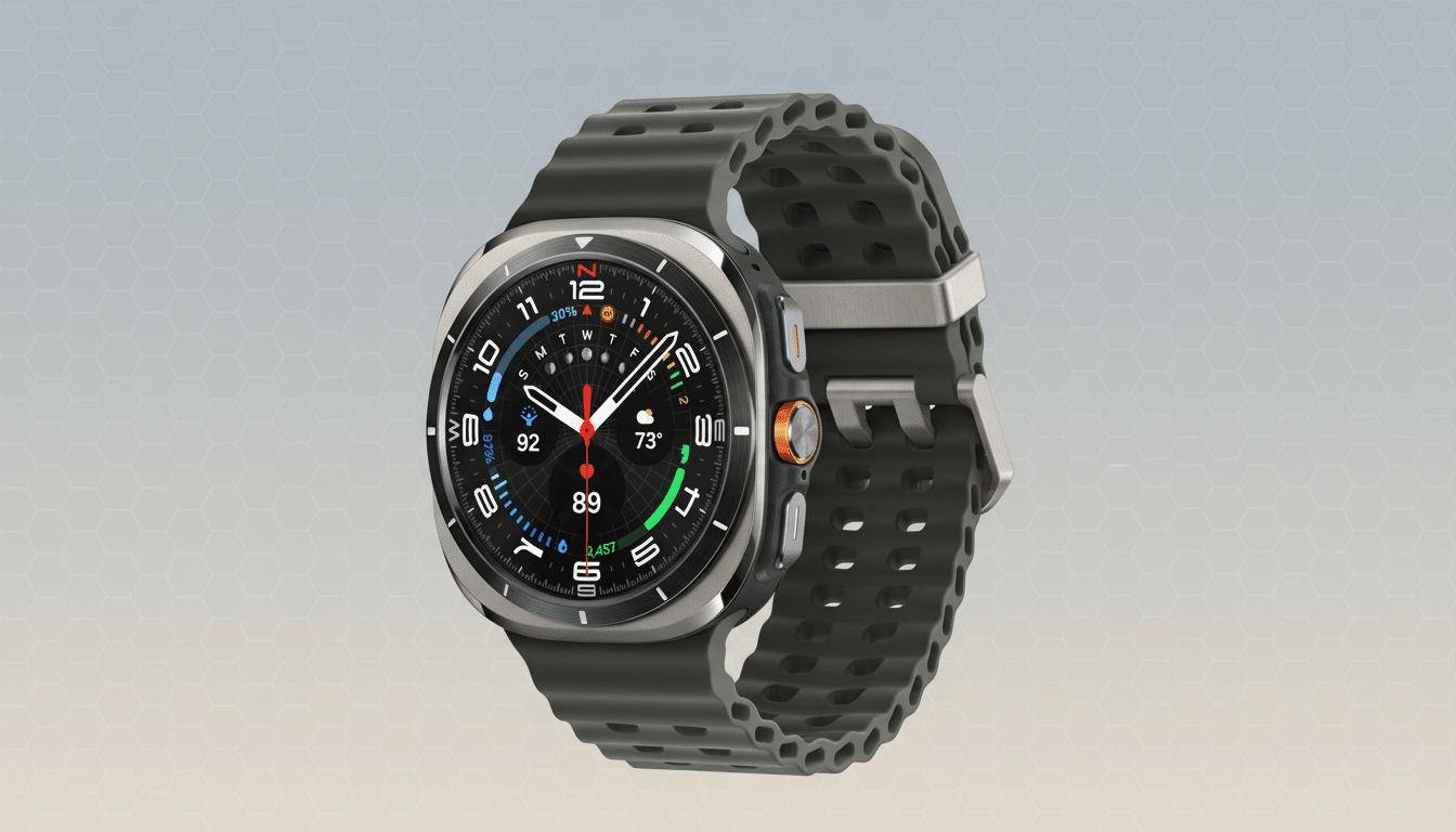 A professional 16:9 image of a smartwatch with a dark grey corrugated band and a circular digital display showing time , weather , and health metrics, against a soft gradient background with a subtle honeycomb pattern. Filename : smartwatchprofessional display .png