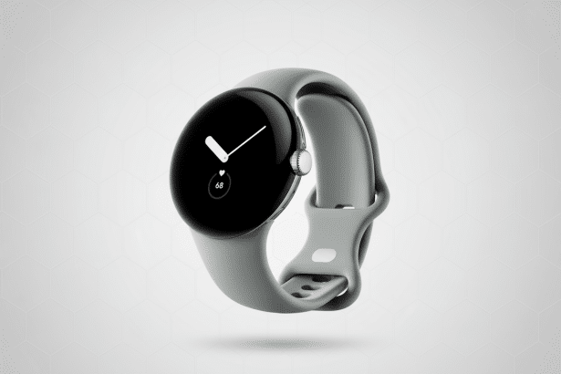 A modern smartwatch with a dark gray strap and a circular screen displaying a clock face , presented against a professional light gray background with subtle geometric patterns.