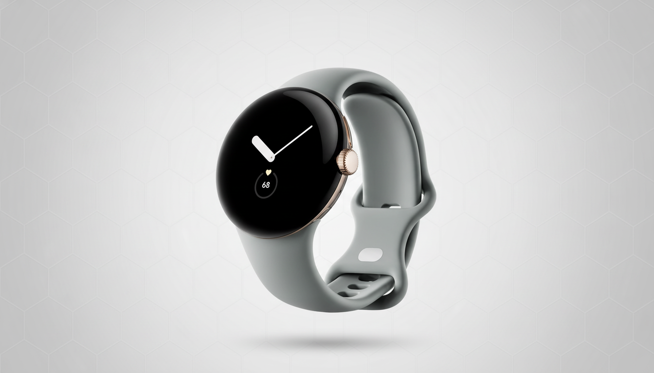A modern smartwatch with a dark gray strap and a circular screen displaying a clock face , presented against a professional light gray background with subtle geometric patterns.