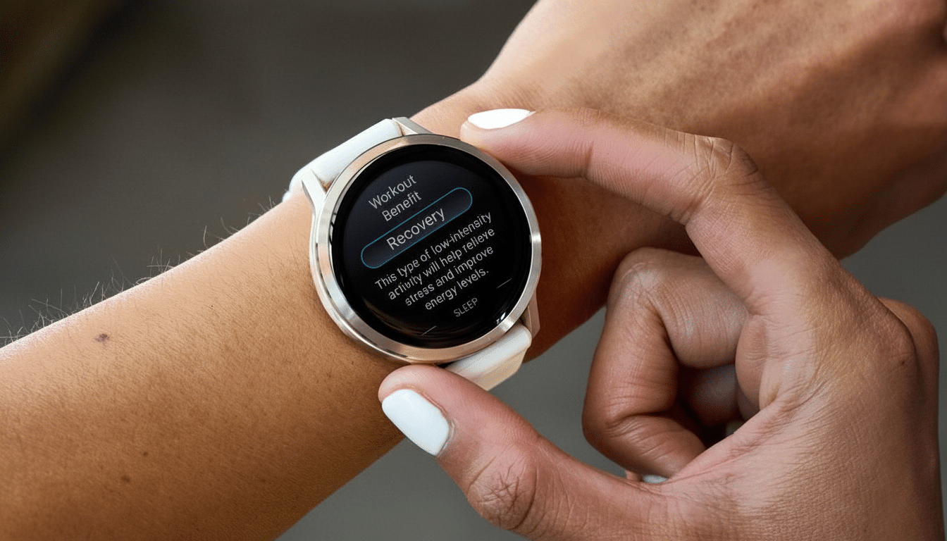 A close -up of a person's arm wearing a white smartwatch , with their finger touching the screen. The watch display shows Recovery under Workout Benefit and text describing low-intensity activity. Filename : smartwatchrecovery screen.png