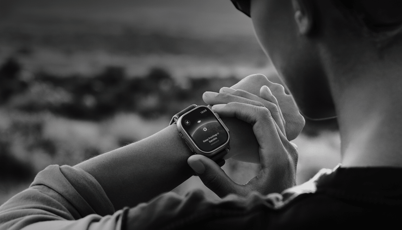 A person wearing a smartwatch, looking at the screen displaying a map and satellite connection status.