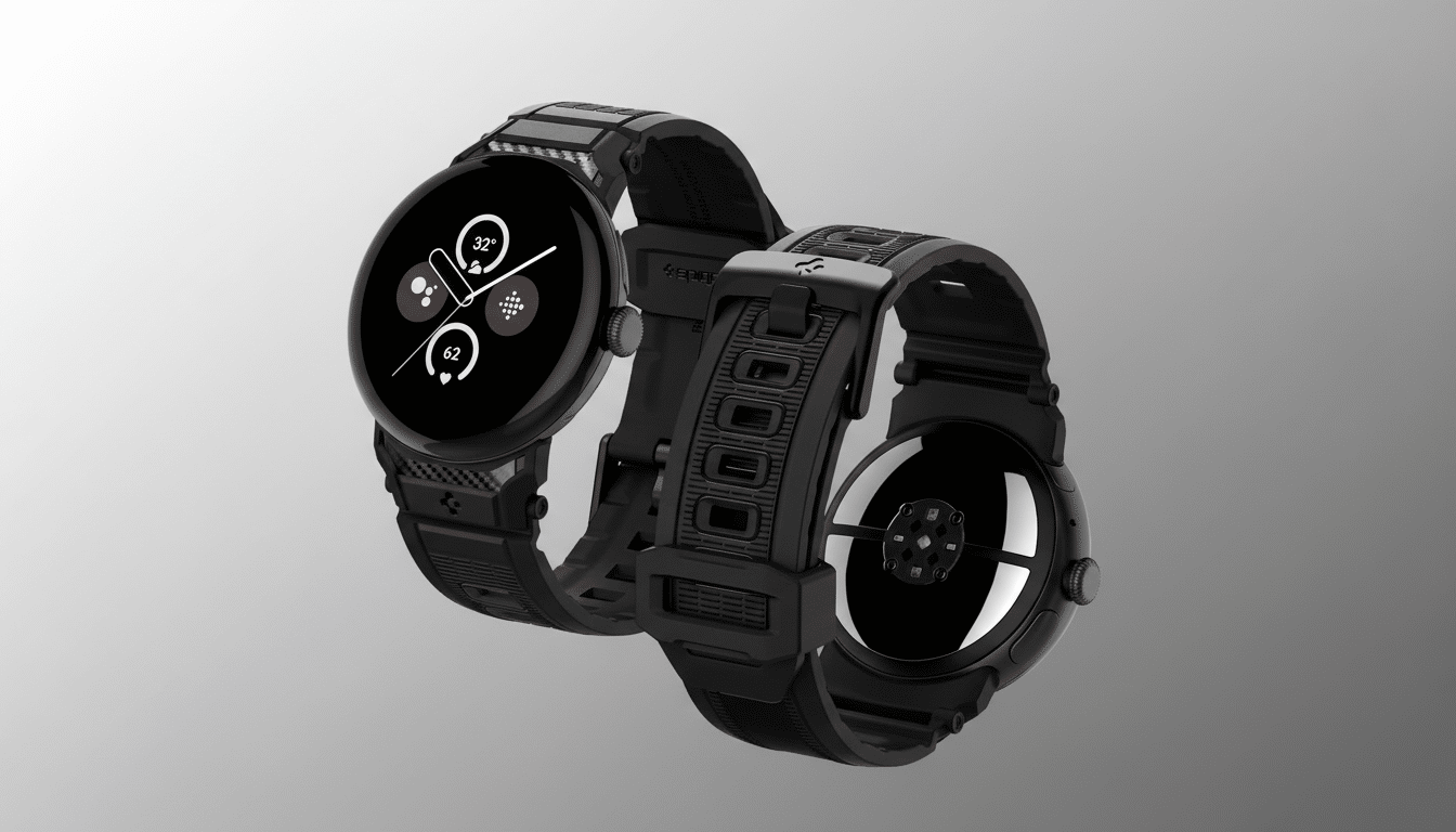 Two black smartwatches, a front view and a back view, are displayed with their bands interconnected and a professional gradient background. Filename : smartwatches professional display .png