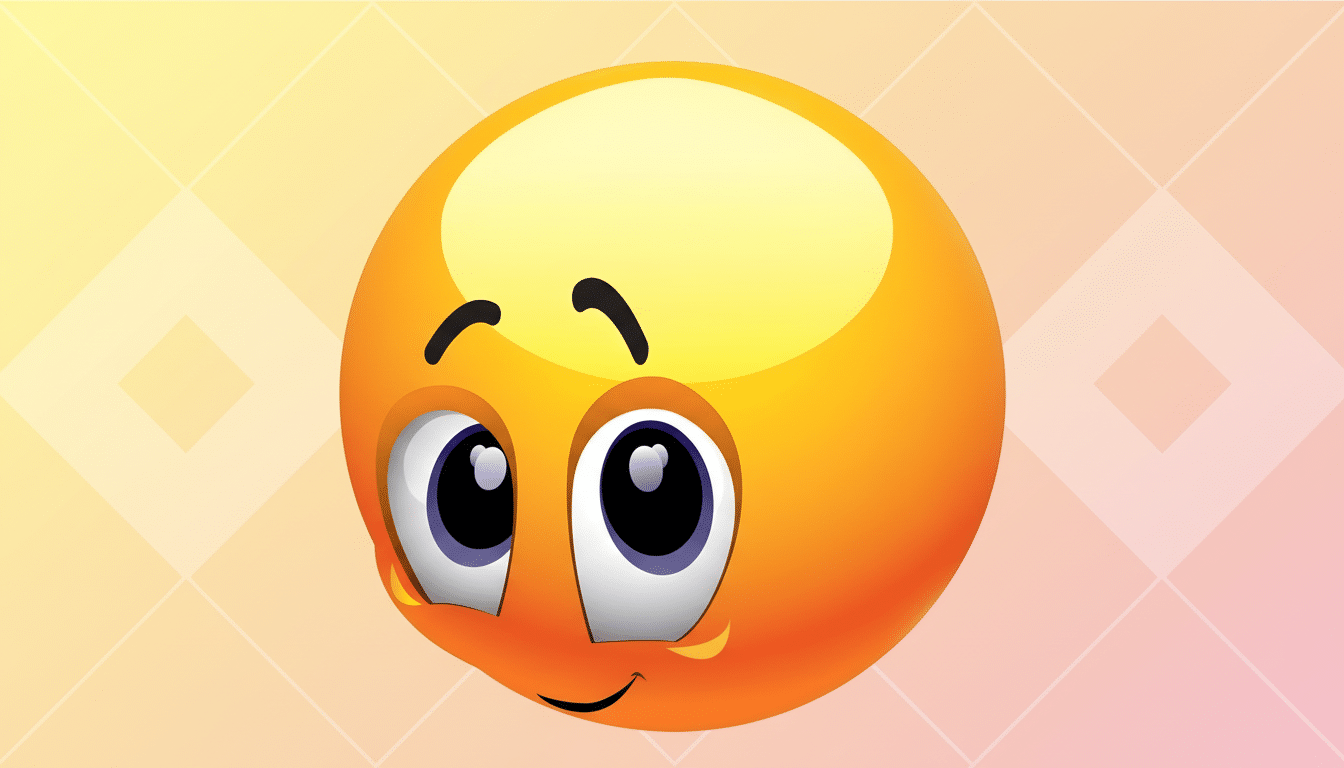 A high -resolution, professionally enhanced image of a smiling orange emoji with large , expressive eyes looking slightly upwards and to the left, set against a soft, gradient background with subtle diamond patterns.