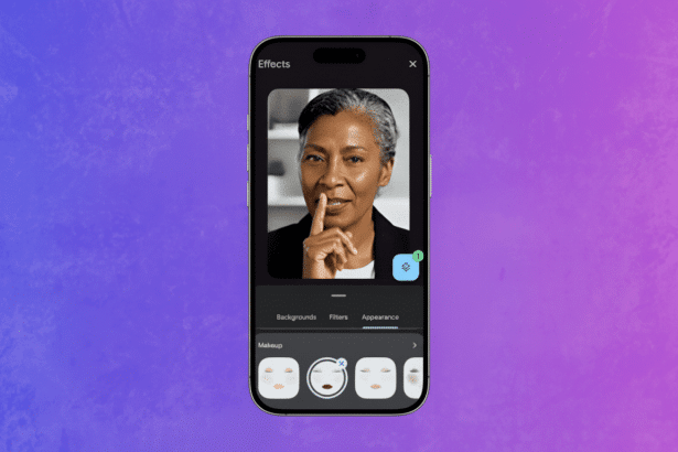A professional close -up of a smiling woman with grey hair and a black blazer, holding a finger to her lips in a shhh gesture . She is displayed within a smartphone interface showing Effects and Appearance options , against a purple background.