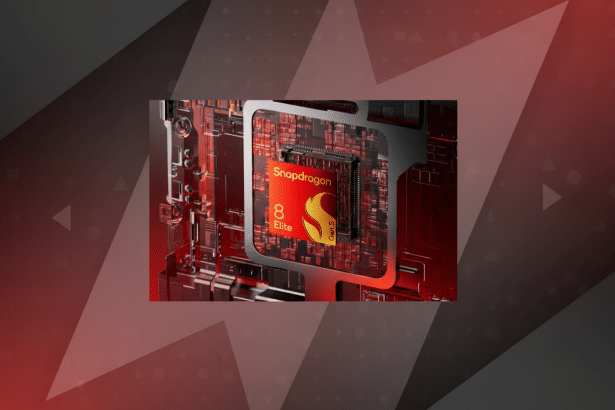 ** A close -up of a red Snapdragon 8 Elite Gen 5 chip on a motherboard , resized and placed on a professional dark grey background with a subtle lightning bolt pattern. **