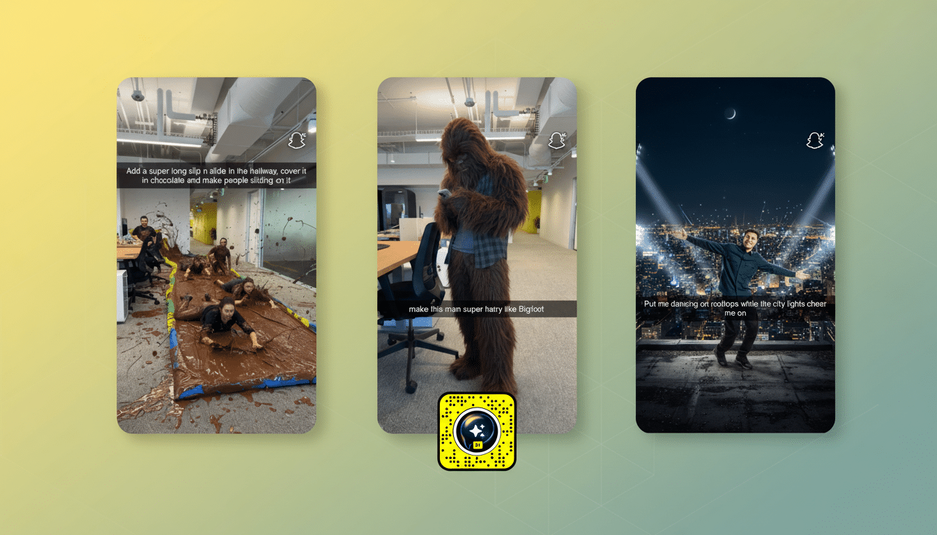 Three vertical phone screens displaying Snapchat content : people sliding in chocolate in an office, a person in a Bigfoot costume , and a person dancing on a rooftop at night. The background is a soft gradient of yellow, green, and blue .