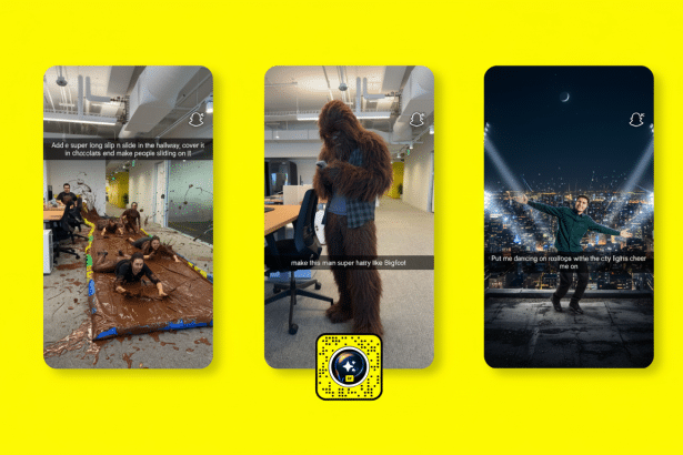 Three vertical phone screens display various Snapchat filters and scenarios on a bright yellow background. The left screen shows people covered in mud or chocolate on a slide indoors . The middle screen features a person in a Bigfoot costume standing next to an office chair. The right screen shows a person celebrating on a rooftop at night with a city skyline in the background.
