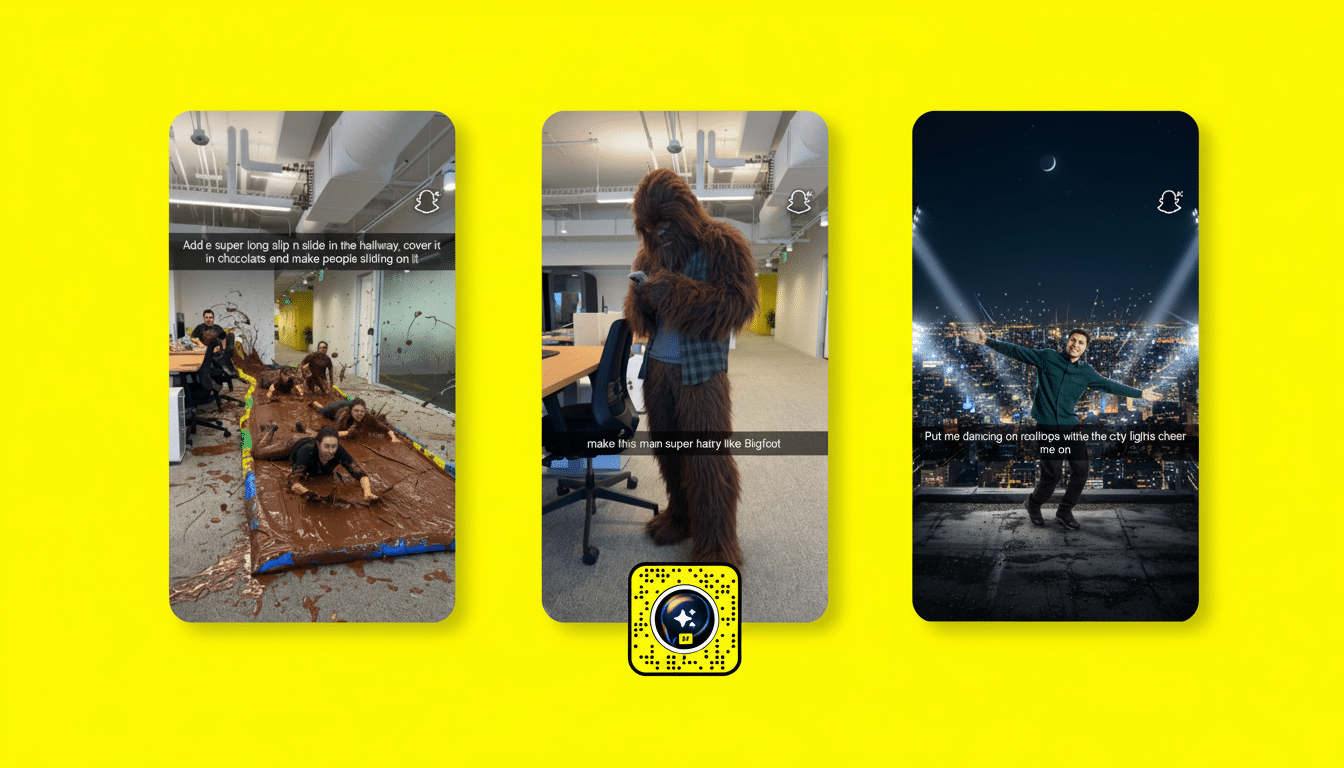 Three vertical phone screens display various Snapchat filters and scenarios on a bright yellow background. The left screen shows people covered in mud or chocolate on a slide indoors . The middle screen features a person in a Bigfoot costume standing next to an office chair. The right screen shows a person celebrating on a rooftop at night with a city skyline in the background.