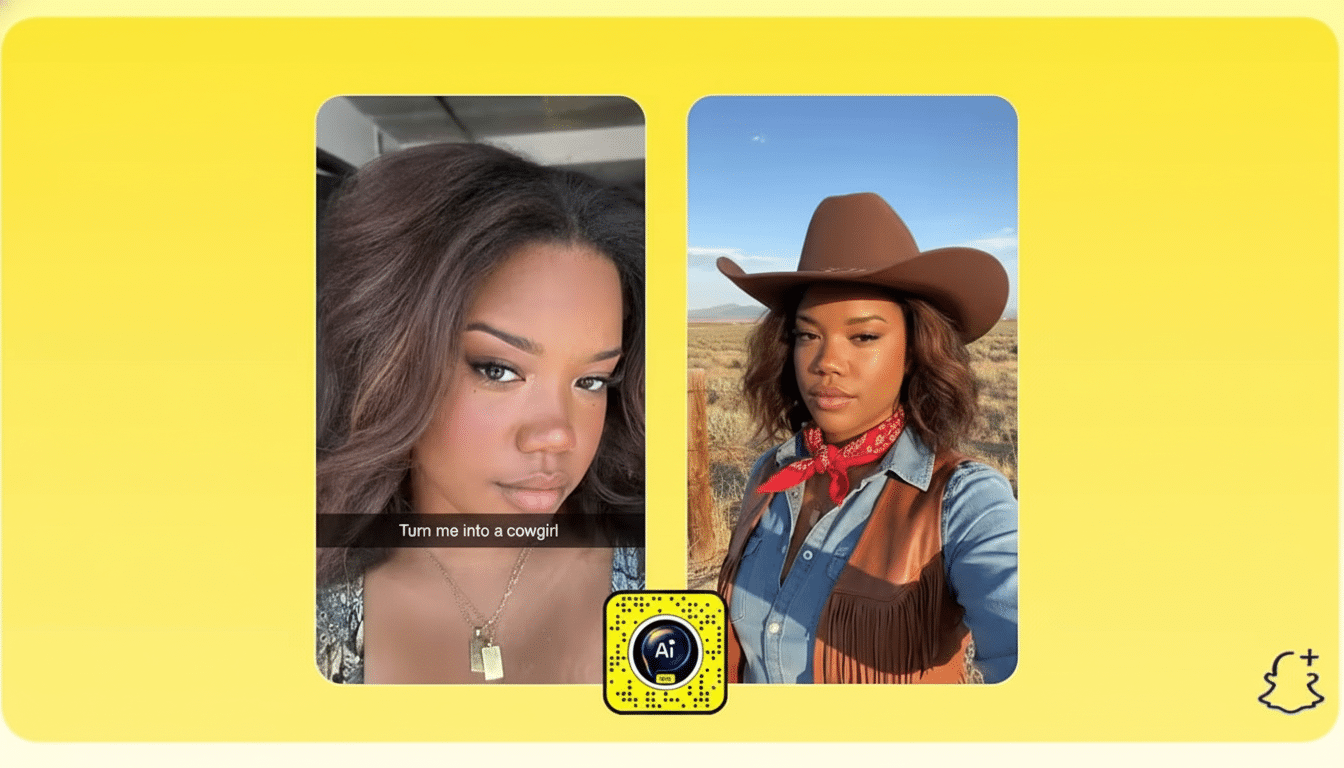 Two vertical images of a woman, side by side on a yellow background with a Snapchat ghost logo. The left image shows her with styled hair and makeup . The right image shows her dressed as a cowgirl with a hat and vest , standing outdoors. A Snapchat AI QR code is positioned at the bottom center.