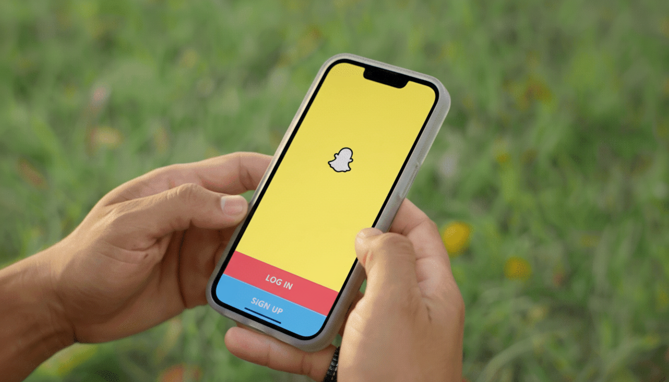 A person holding a smartphone displaying the Snapchat login screen with a grassy background. Filename : snapchat loginscreen 169 .png