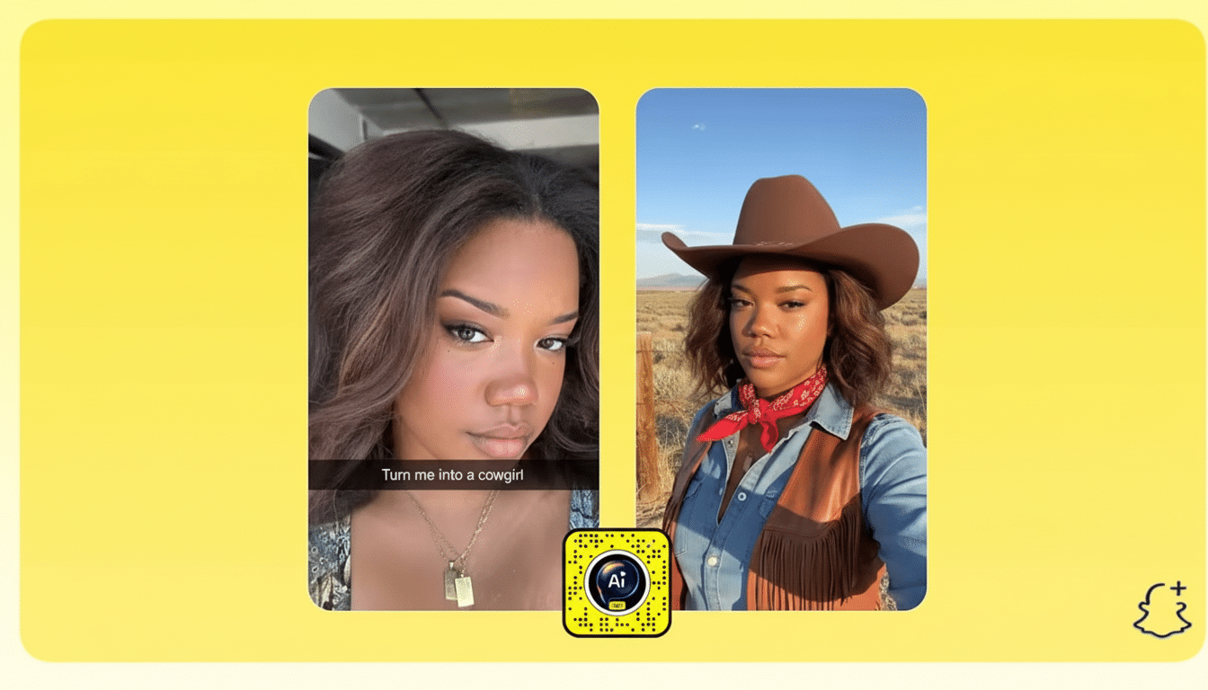 An image showing a Snapchat story featuring a woman transformed into a cowgirl , displayed within a yellow frame .