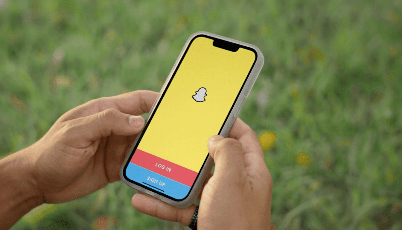 A person holding a smartphone displaying the Snapchat login screen with a green grass background.