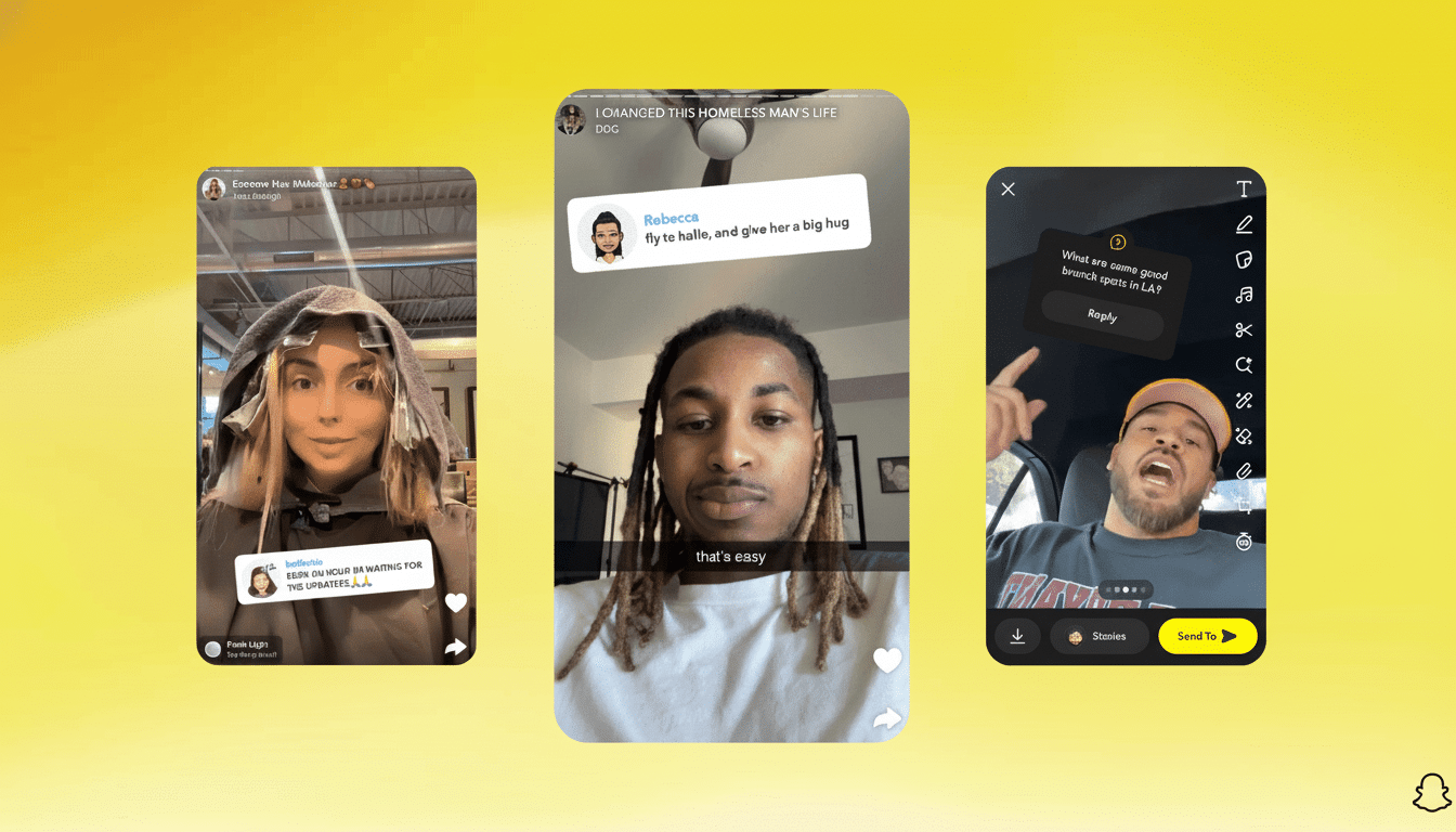A 16:9 aspect ratio image featuring three vertical mobile phone screens displaying different Snapchat stories. The background is a professional flat design with a soft yellow gradient. The content within the phone screens remains unchanged, showing various users interacting with Snapchat features .