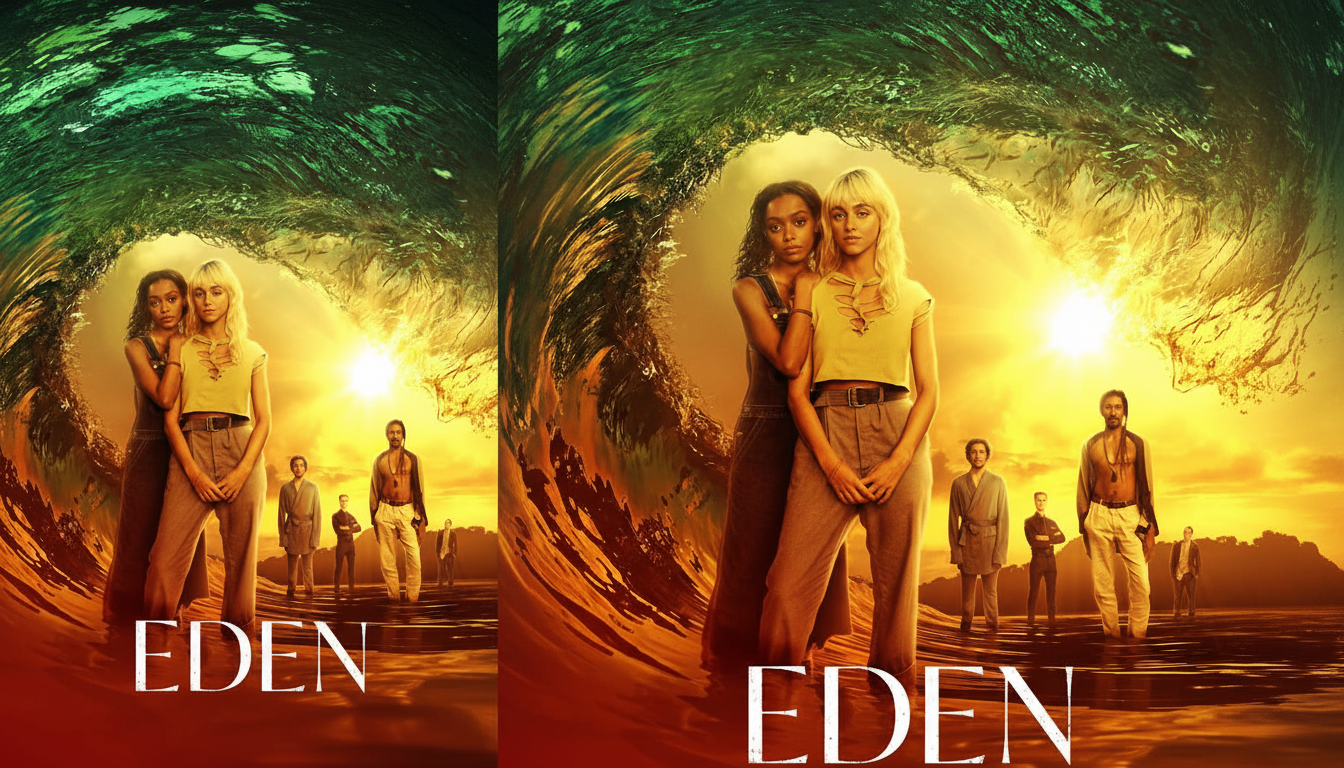 A movie poster for EDEN featuring two women in the foreground, one with dark curly hair and the other with blonde hair, standing in front of a large green and orange wave. In the background, several men are visible against a bright sunset. The title EDEN is at the bottom of the poster.