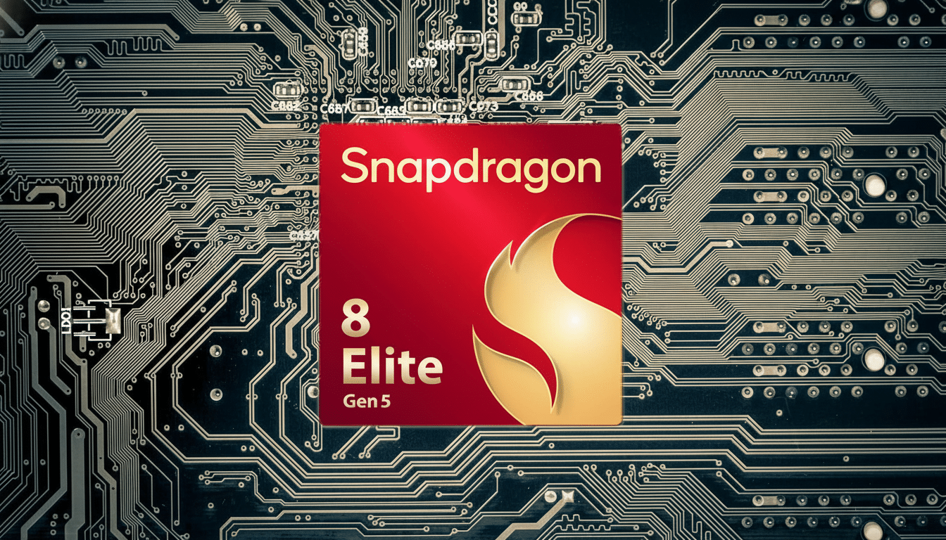 The Snapdragon 8 Elite Gen 5 logo displayed on a red and gold square chip , superimposed over a detailed black circuit board with visible traces and components.