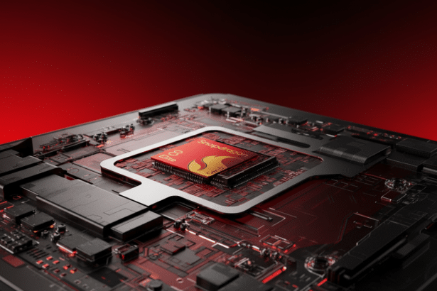 A detailed view of a red Snapdragon 8 Elite Gen 5 chip embedded in a circuit board , with a professional red gradient background.