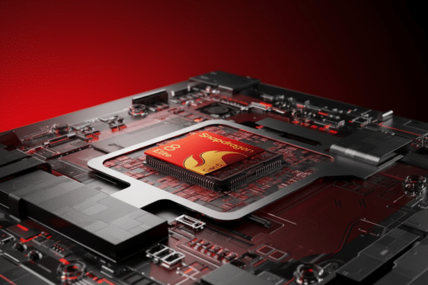 A detailed close -up of a red and gold Snapdragon 8 Elite Gen 5 chip embedded within a dark , intricate circuit board, set against a gradient red to black background.