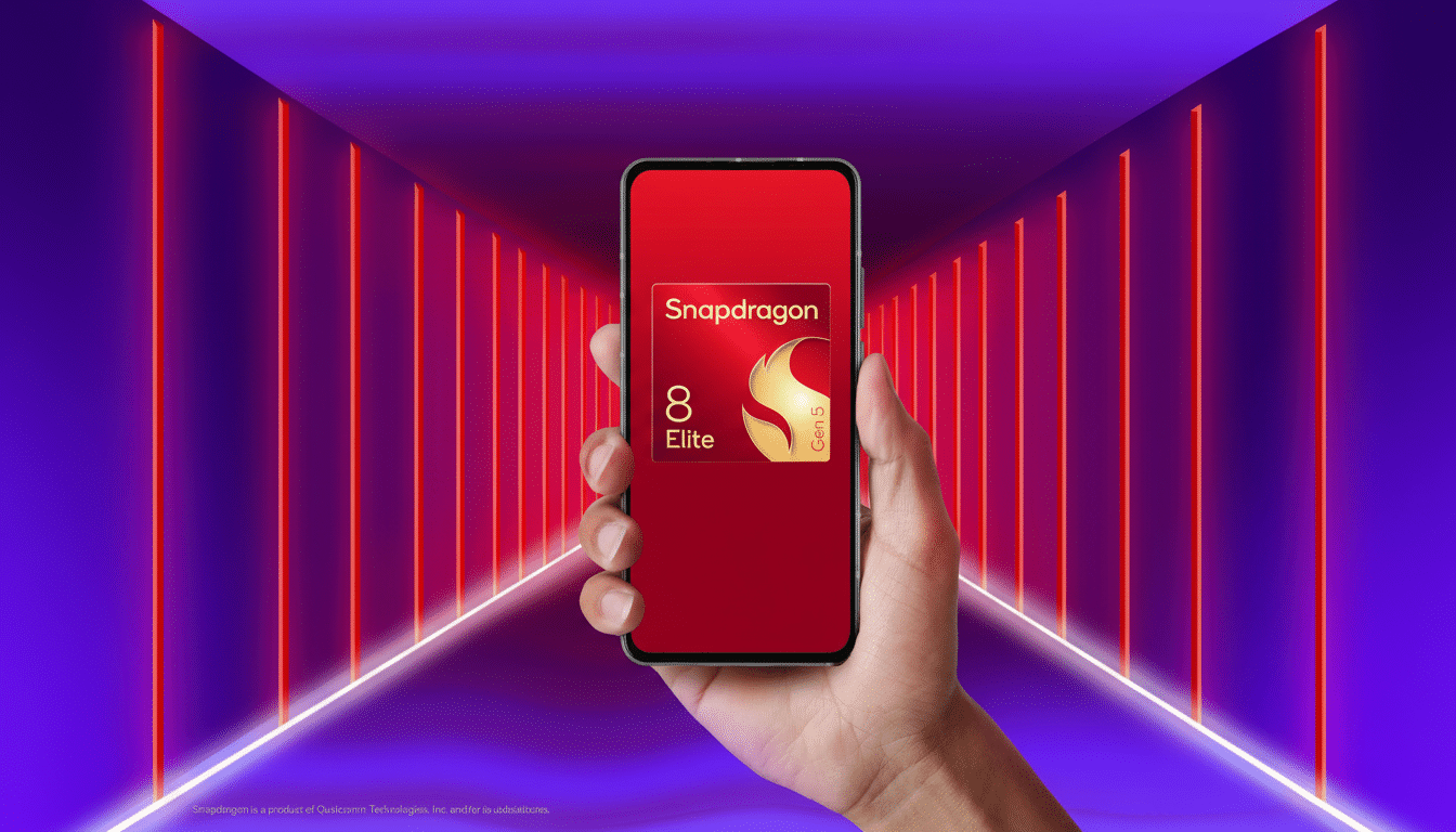 A hand holding a smartphone displaying the Snapdragon 8 Elite Gen 5 logo, with a background of red neon lights.