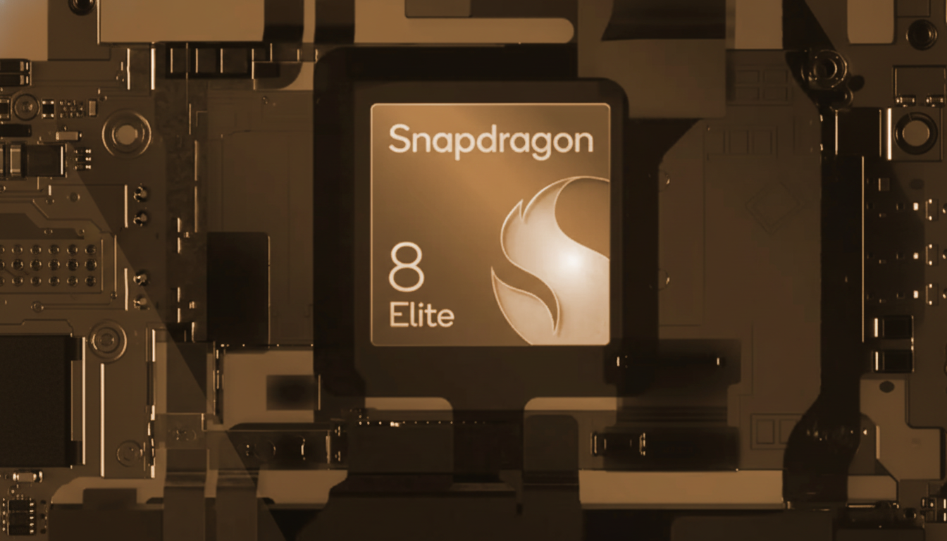A close-up, professionally enhanced image of a Snapdragon 8 Elite chip on a circuit board, resized to a 16:9 aspect ratio.