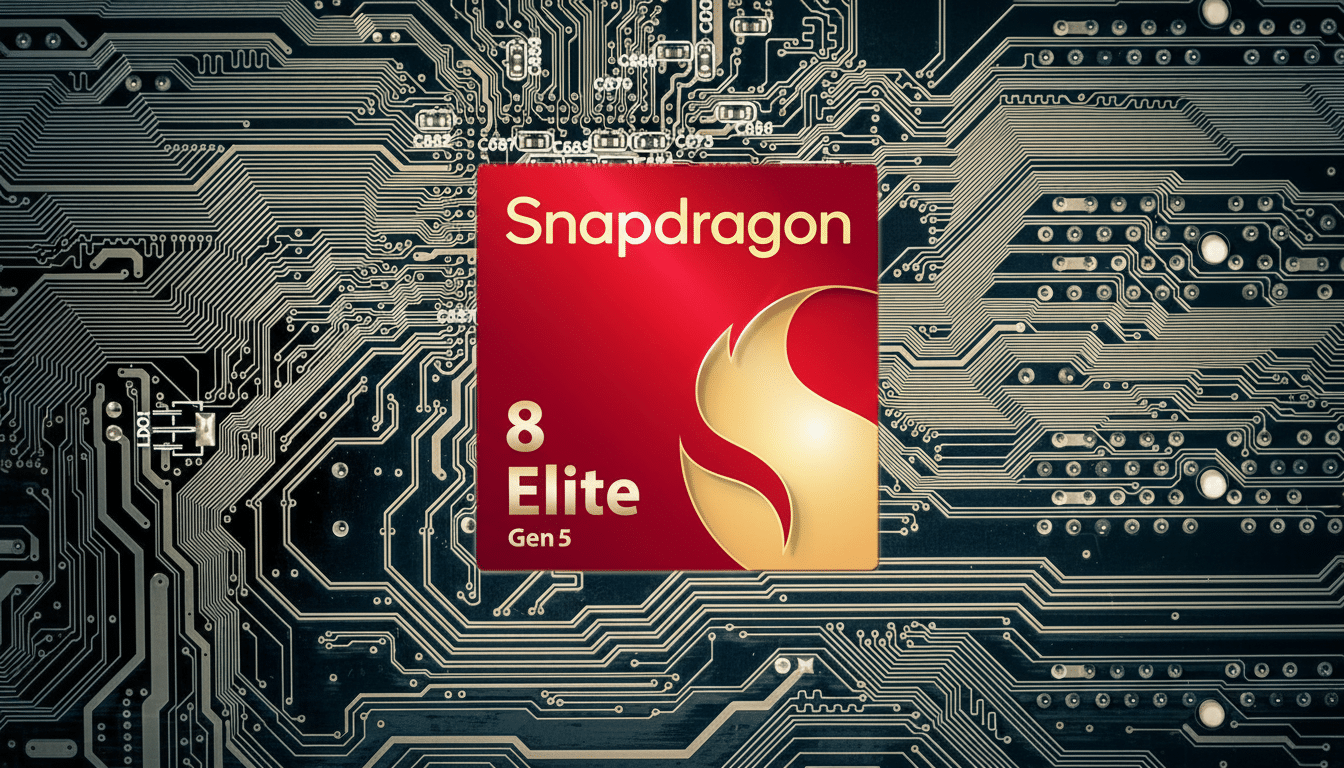 A red and gold Snapdragon 8 Elite Gen 5 chip logo is centered on a background of a circuit board with intricate pathways and components.