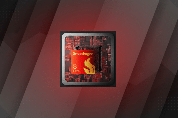 A Snapdragon 8 Elite Gen 5 processor chip displayed on a professional dark grey and red gradient background with subtle geometric patterns, resized to a 1 6:9 aspect ratio. Filename : snapdragon 8elite gen5 processor.png