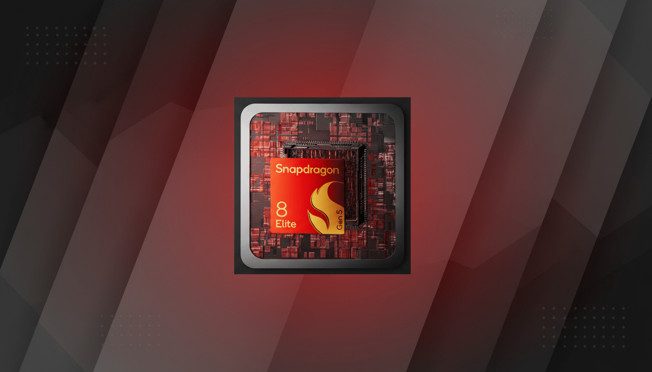 A Snapdragon 8 Elite Gen 5 processor chip displayed on a professional dark grey and red gradient background with subtle geometric patterns, resized to a 1 6:9 aspect ratio. Filename : snapdragon 8elite gen5 processor.png