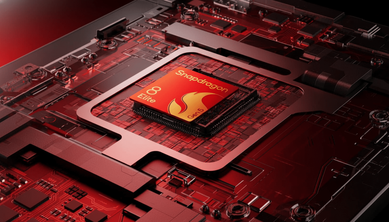 This image shows a close -up of a Qualcomm Snapdragon 8 Elite Gen 5 processor, rendered in a 16: 9 a