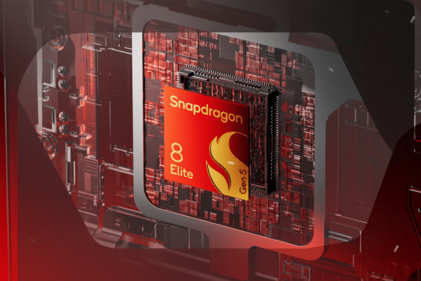 A close -up shot of the red Snapdragon 8 Elite Gen 5 processor with a sleek black frame, set against a dark, metallic circuit board background.