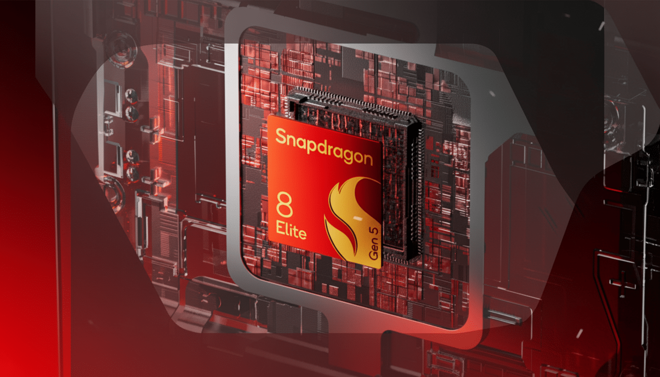 A close -up shot of the red Snapdragon 8 Elite Gen 5 processor with a sleek black frame, set against a dark, metallic circuit board background.