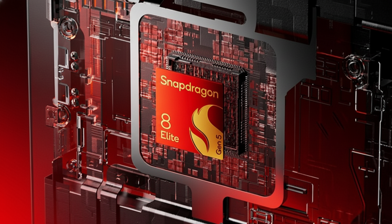 A close-up of a red Snapdragon 8 Elite Gen 5 chip embedded in a circuit board, presented in a 16:9 aspect ratio.