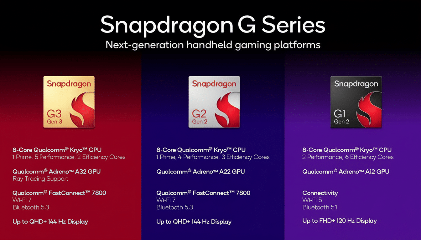 A side -by-side comparison of Snapdragon G3 Gen 3, G2 Gen 2, and G 1 Gen 2 next-generation handheld gaming platforms, detailing their CPUs, GPUs, Fast