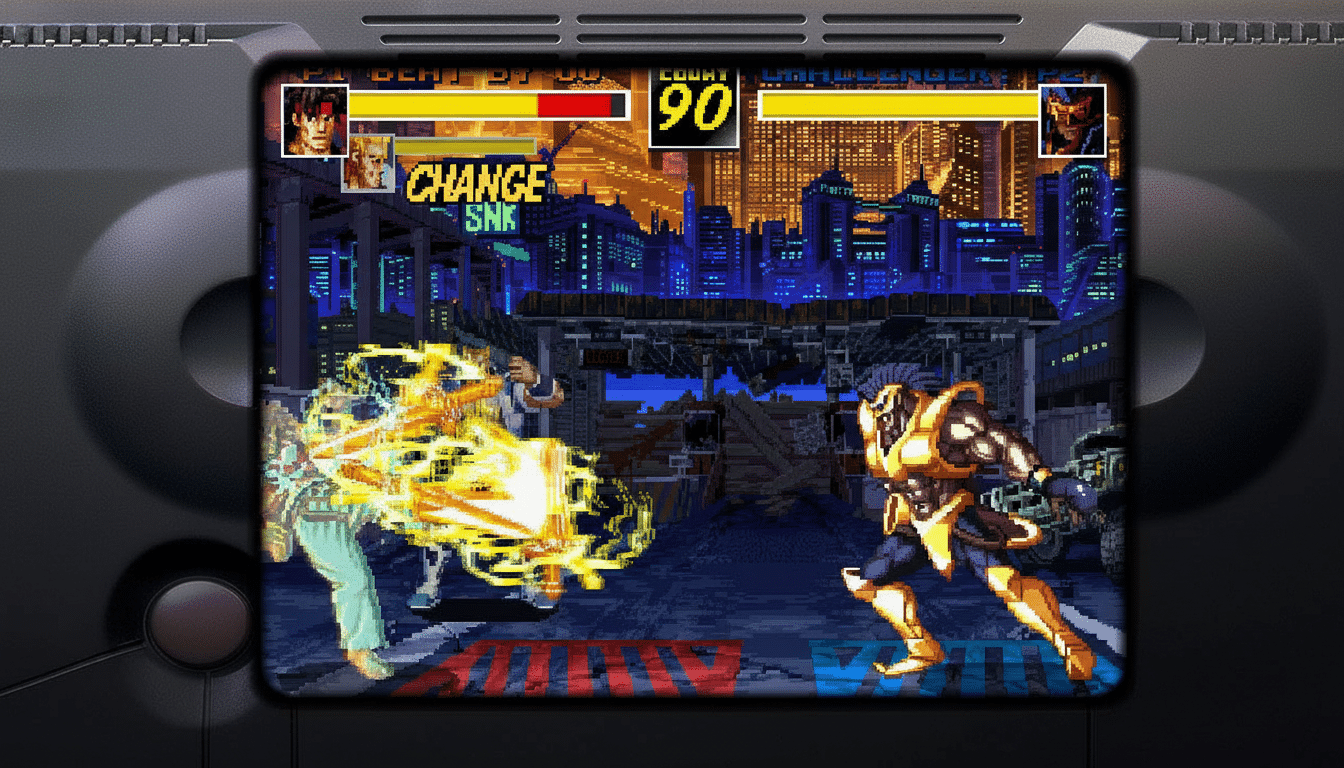 A pixelated fighting game scene from Street Fighter displayed on a vintage television screen, featuring two characters mid -fight with vibrant special effects and a city skyline in the background.
