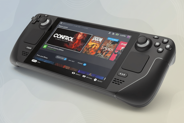 A professional , enhanced image of a Steam Deck handheld gaming console with a professional flat design background in a 1 6:9 aspect ratio. Filename : steamdeck professional1 6x9. png