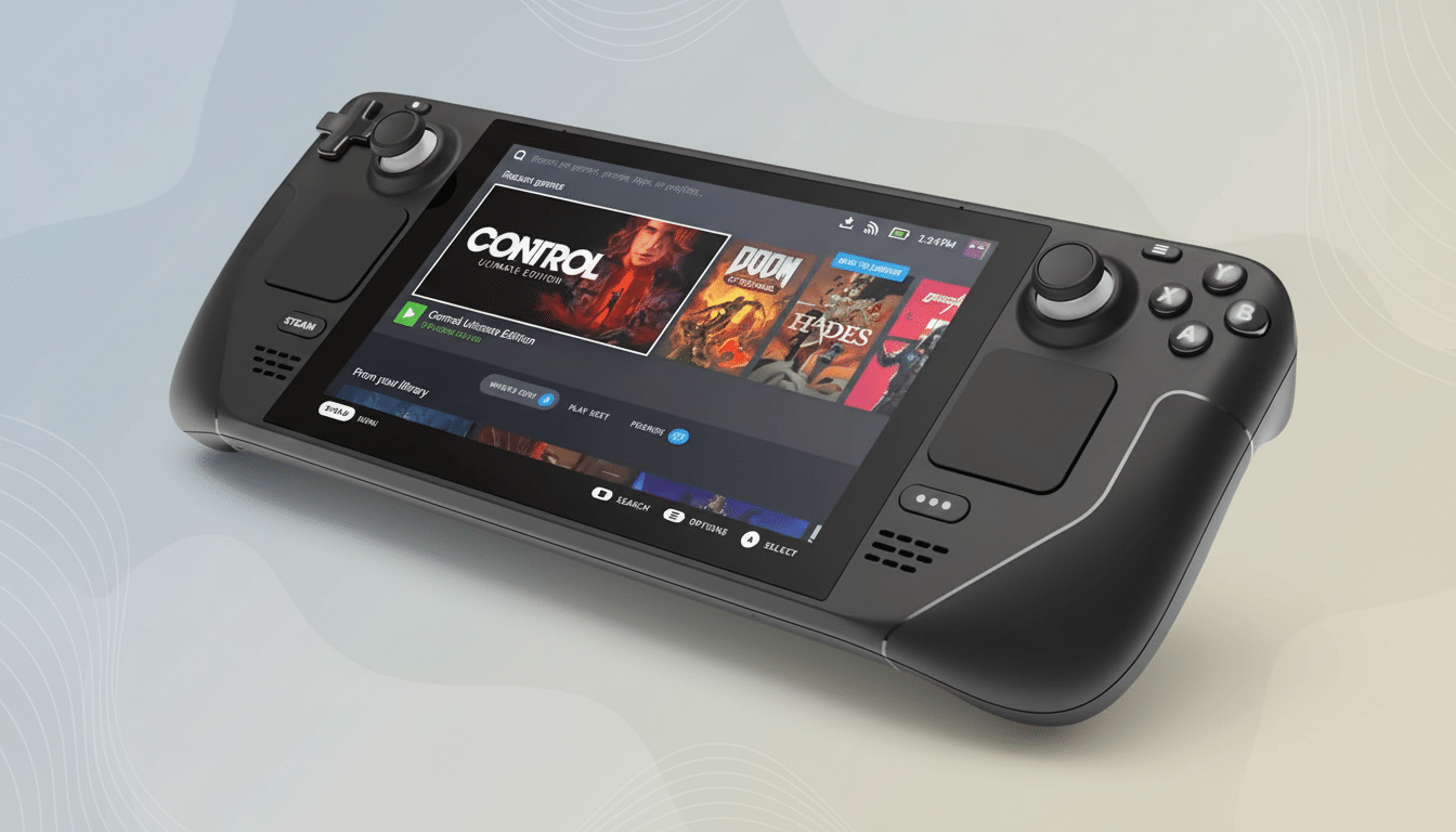 A professional , enhanced image of a Steam Deck handheld gaming console with a professional flat design background in a 1 6:9 aspect ratio. Filename : steamdeck professional1 6x9. png