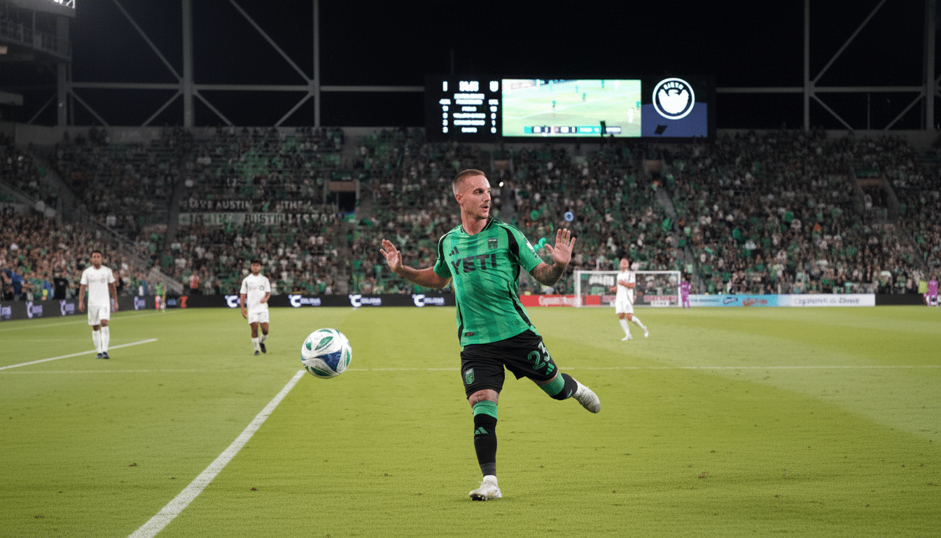 A soccer player in a green and black uniform on a field during a night game, with a blurred stadium crowd in the background.