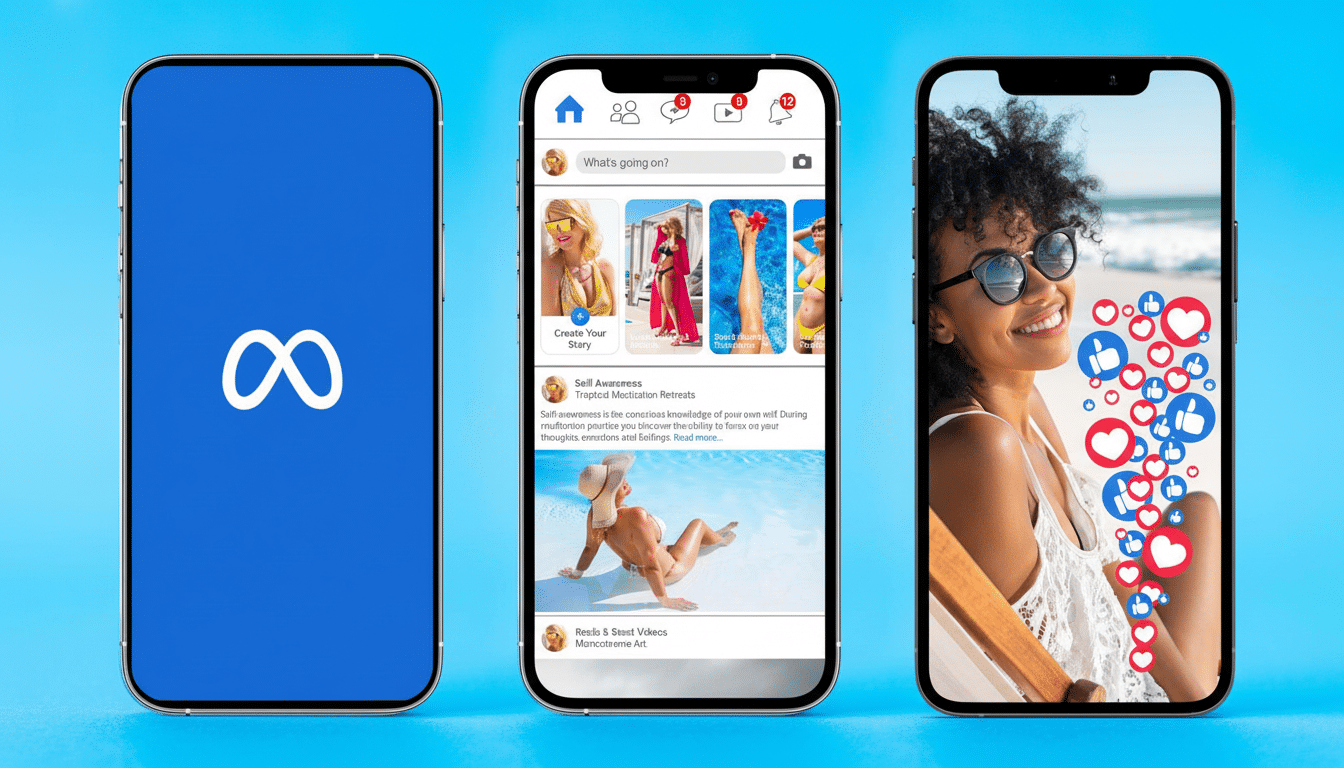 Three iPhones displaying social media content, with the central phone showing a feed and the right phone displaying a woman smiling with animated like