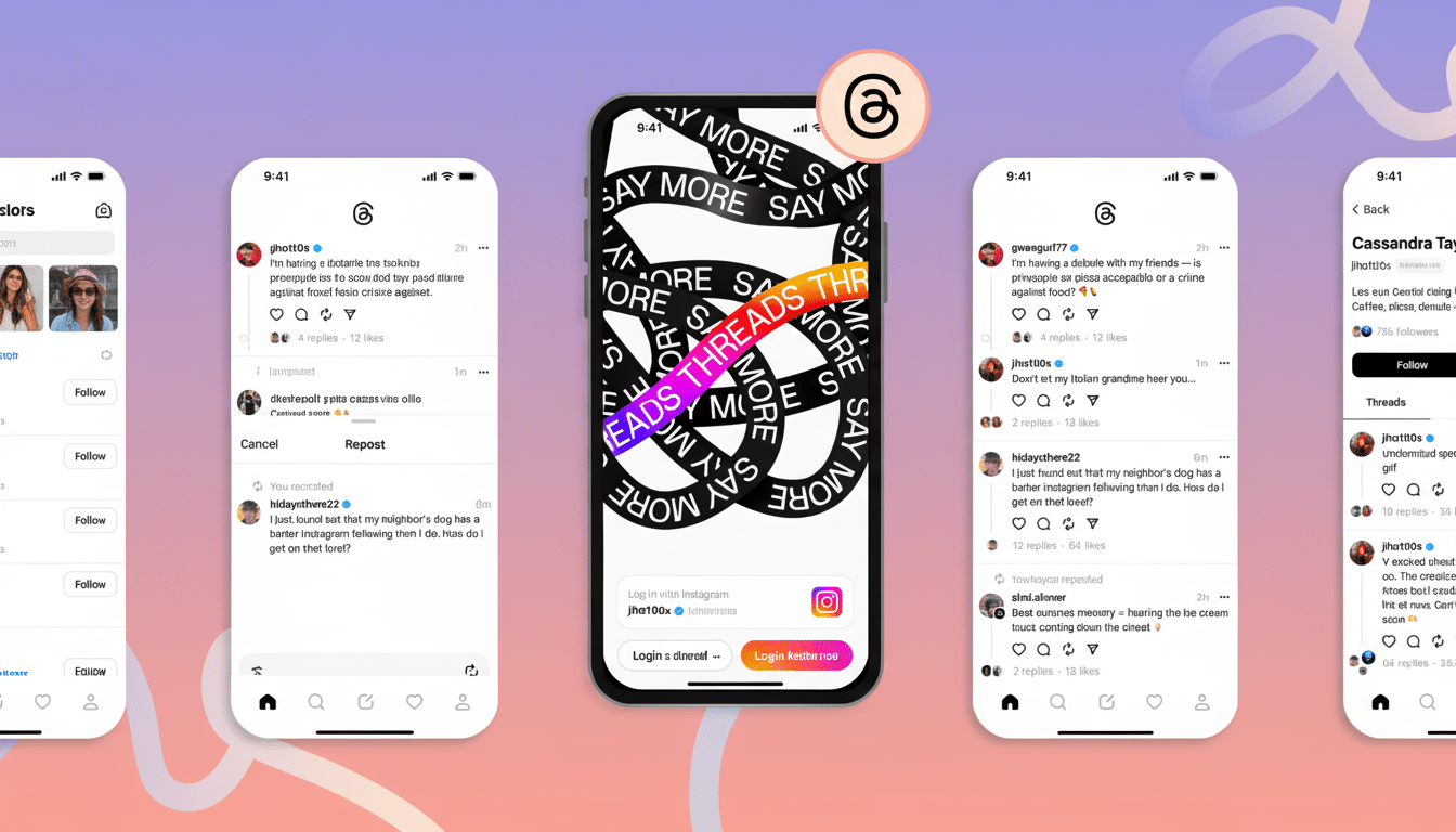 A wide shot of multiple smartphone screens displaying a social media application interface , with one central phone showing the Threads app logo prominently .