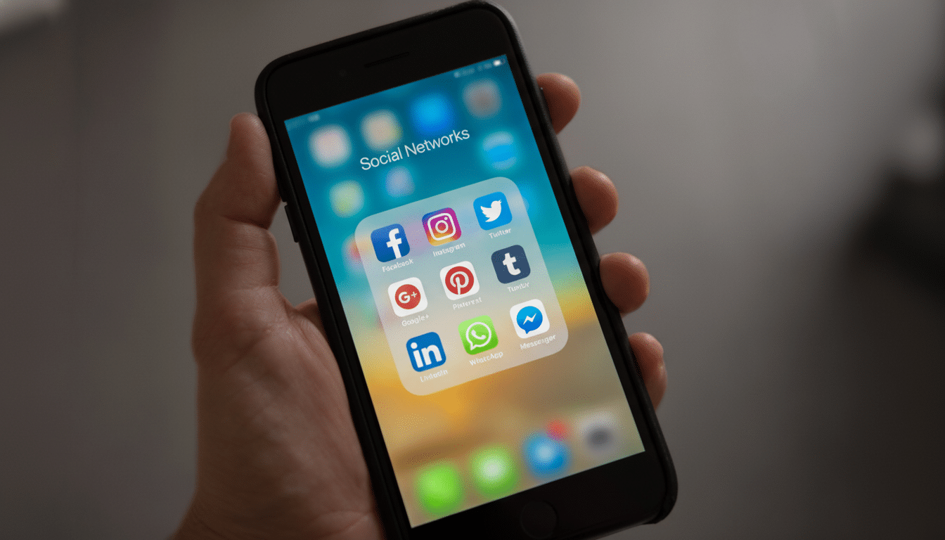 A hand holding a smartphone displaying a Social Networks folder with various social media app icons.