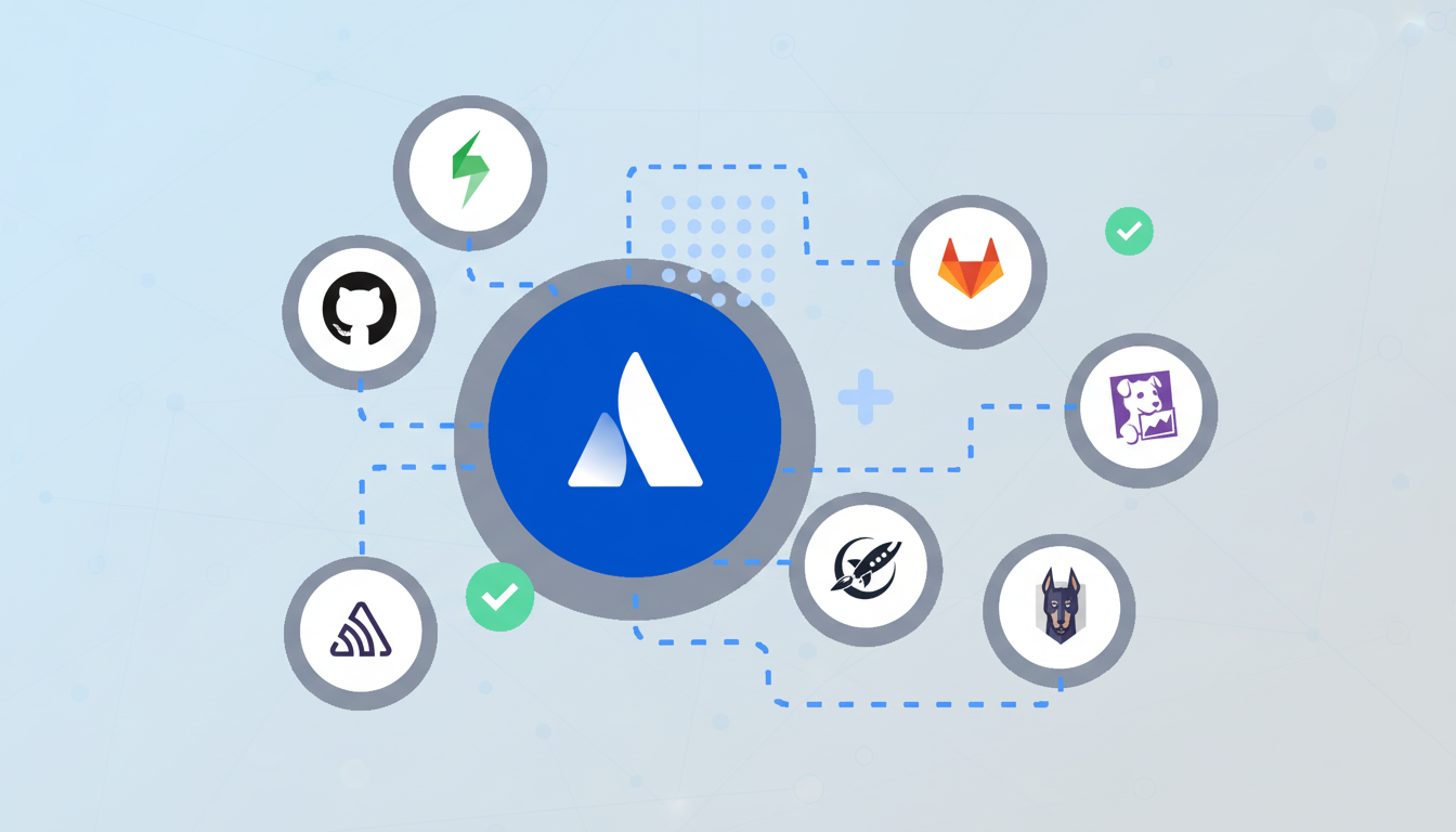 ** A central blue icon with a white ' A' connected via dashed lines to various development tool icons including GitHub , GitLab, and others , set against a light blue patterned background. **